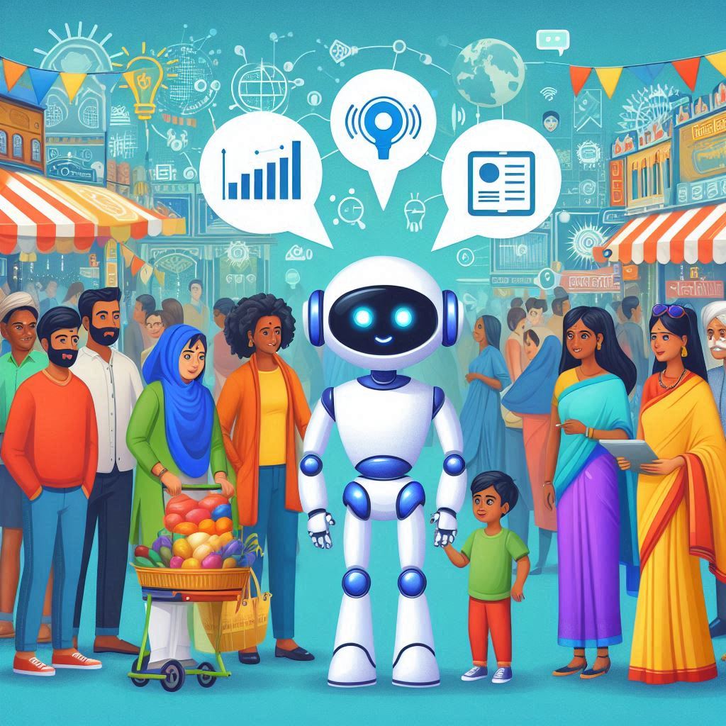 AI technology connecting people in a bustling Indian market.