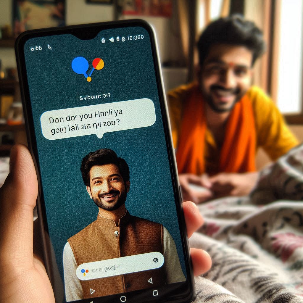 AI voice assistant on a smartphone helping with daily tasks in India.